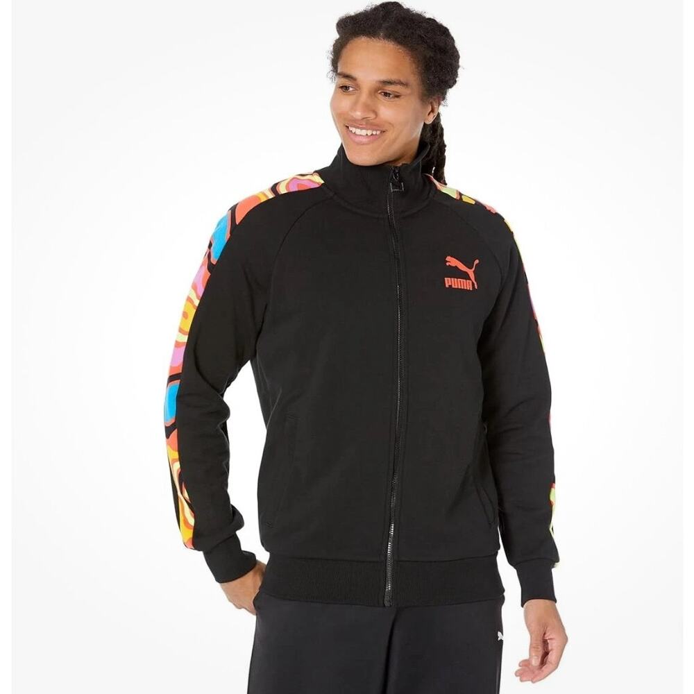 EUC PUMA Lava Flow T7 Black Full-zip Track Athleisure Jacket Large Streetwear